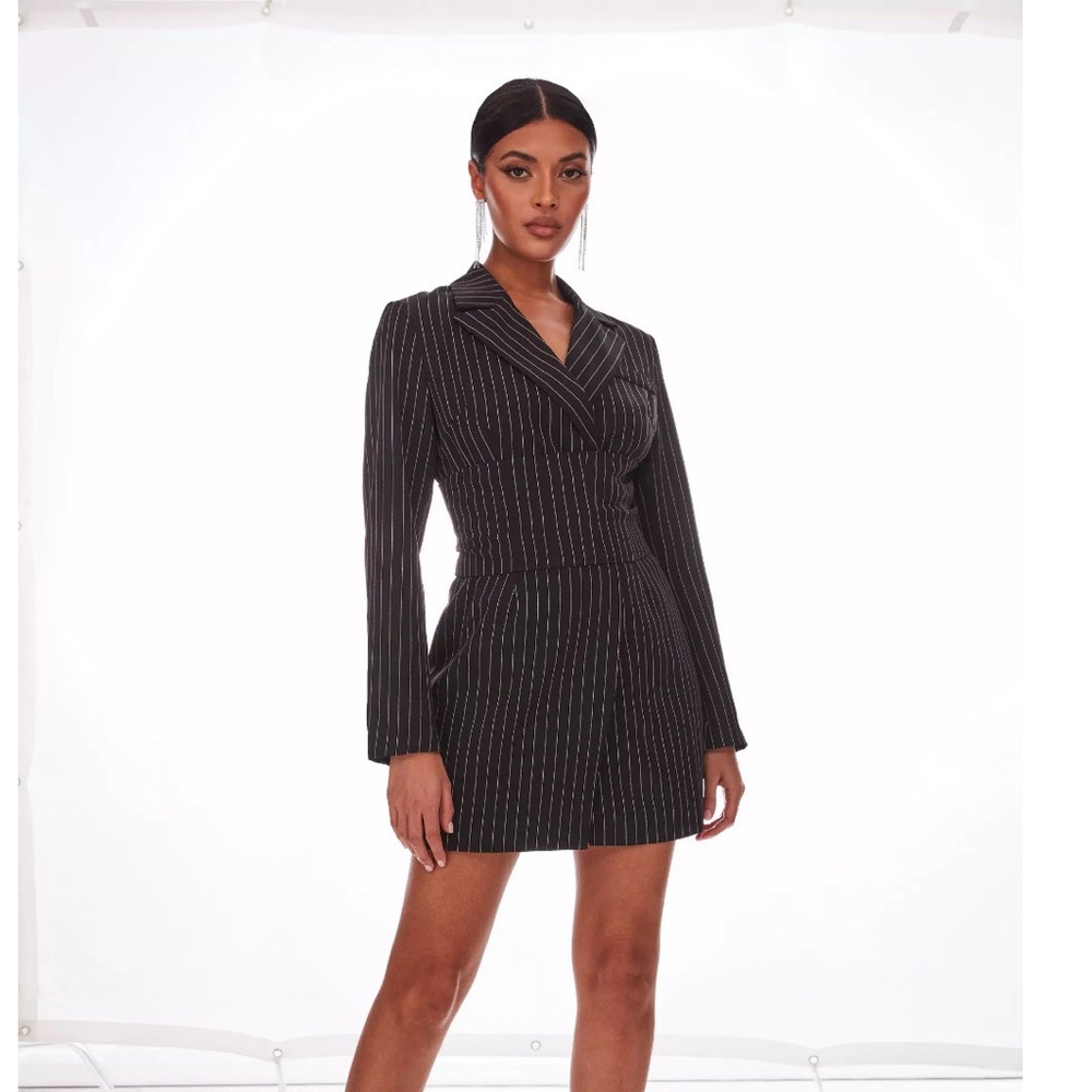 Black pinstripe corset detail blazer dress